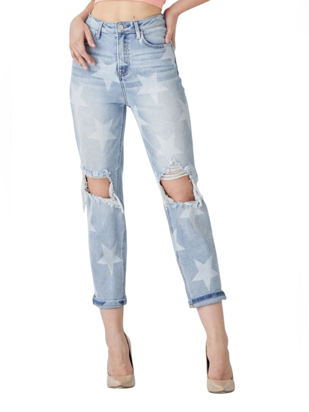135. ❤️ Risen Women’s High-Rise Light Blue Star Print Distressed Jeans NEW